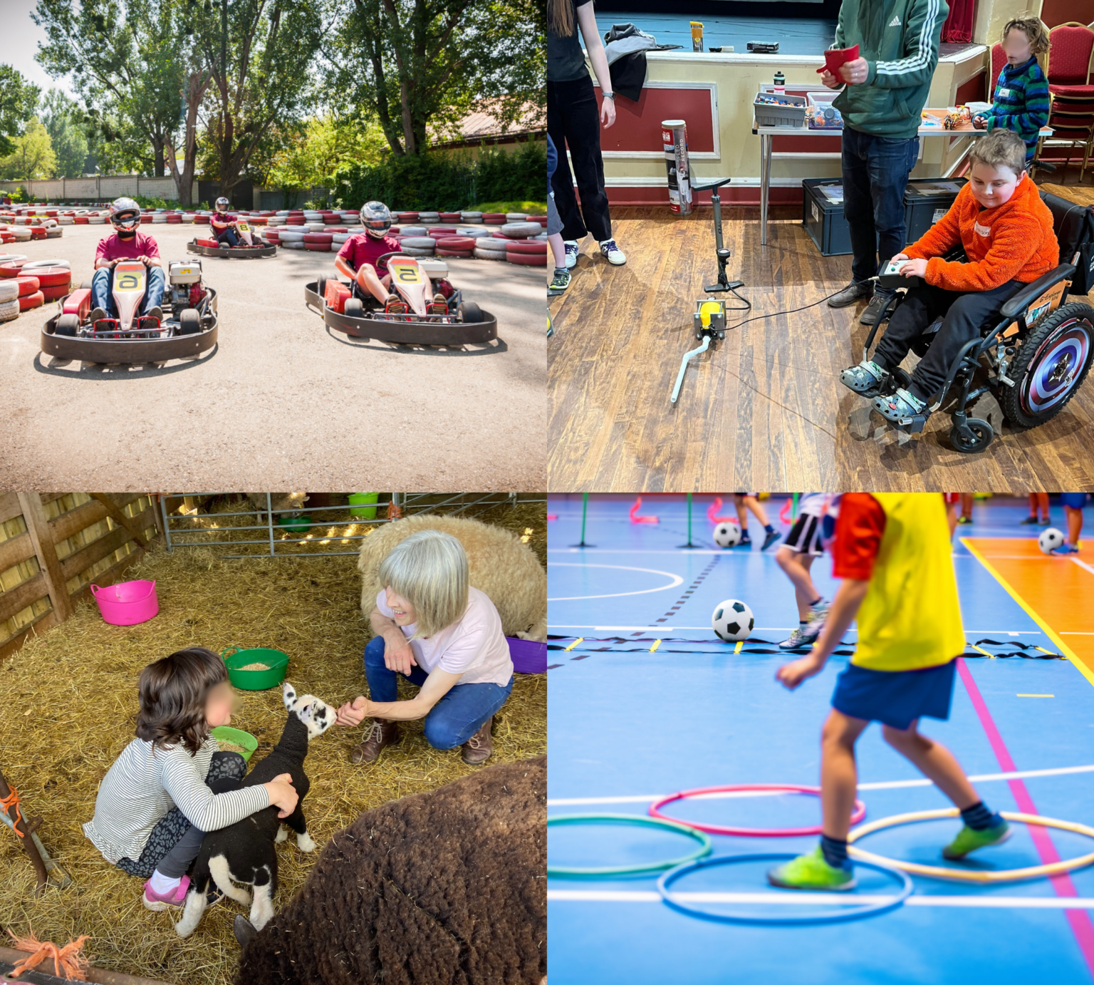 A square montage of four images depicting two people sat in go karts on an outside race track, a young person sat in a wheelchair holding a remote control connected to a S.T.E.M creation on a wooden floor, an adult and child crouched in a stable with the child cuddling a black and white lamb and a picture of a blue sports hall floor with coloured plastic hoops on the ground with a young person in sports kit stepping inside the hoops.